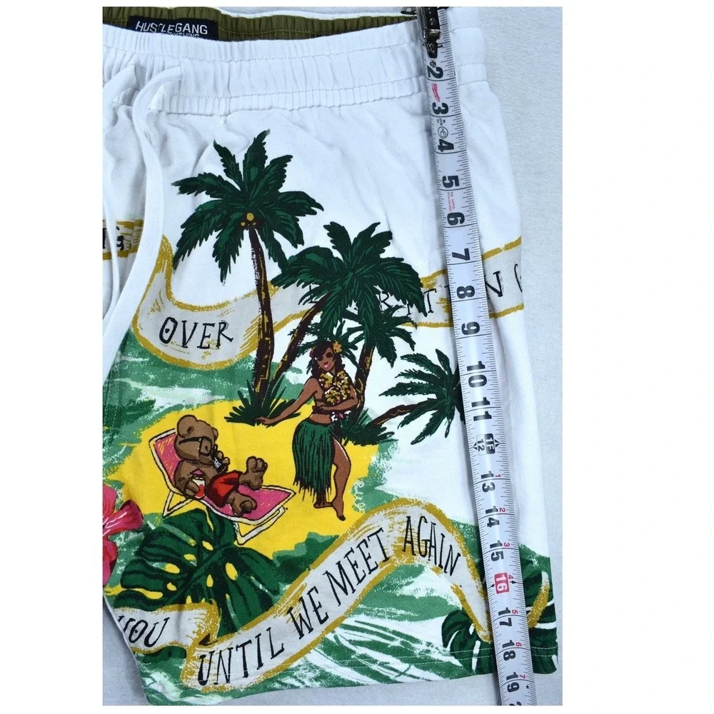 Hustle Gang Mens 2X White Tropical Aloha Graphic Sweat Shorts Drawstring Pocket